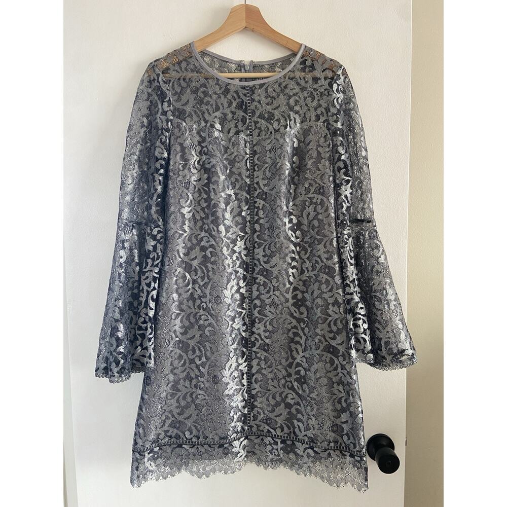 Women’s White House Black Market Dress Gray Silver Size 8 Sheer Bell Sleeves - Picture 1 of 8